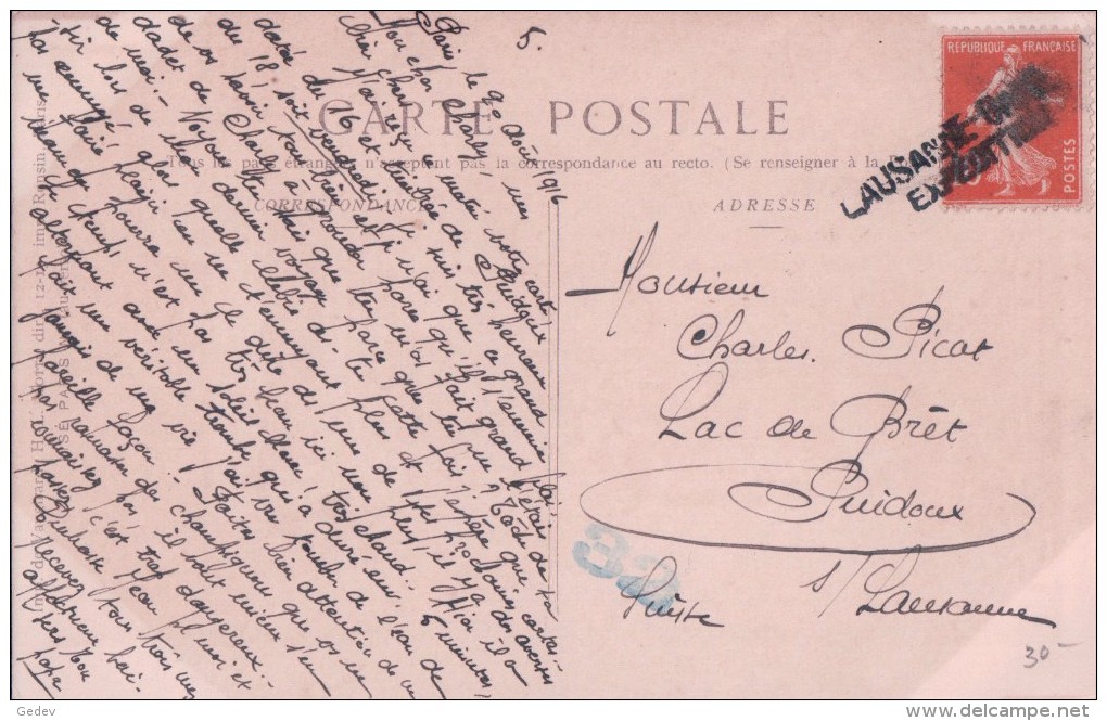 Carte Postale Guerre 14-18, France 60, Senlis, Cachet Linéaire LAUSANNE-GARE EXPEDITION Sur Timbre Français (148) - Marcofilia