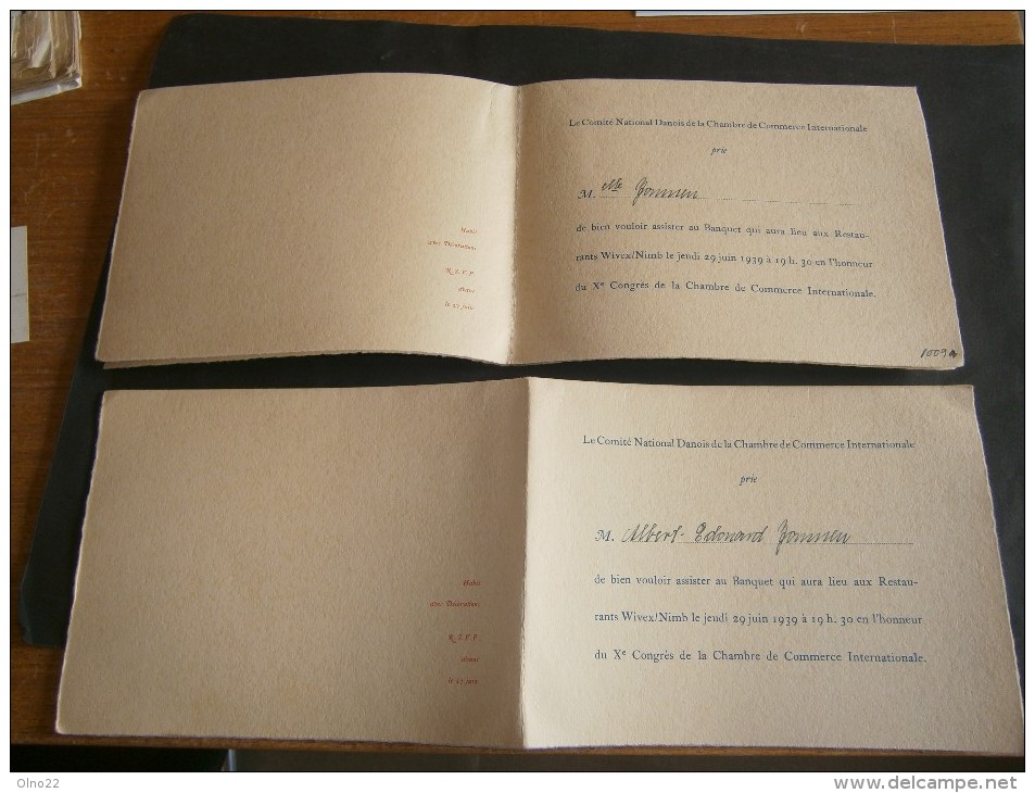 2 Invitations Au Banquet Du COMITE NATIONAL DANOIS Lors Du Xe Congres De La Chambre De Commerce Internationale 1939 - Autres & Non Classés