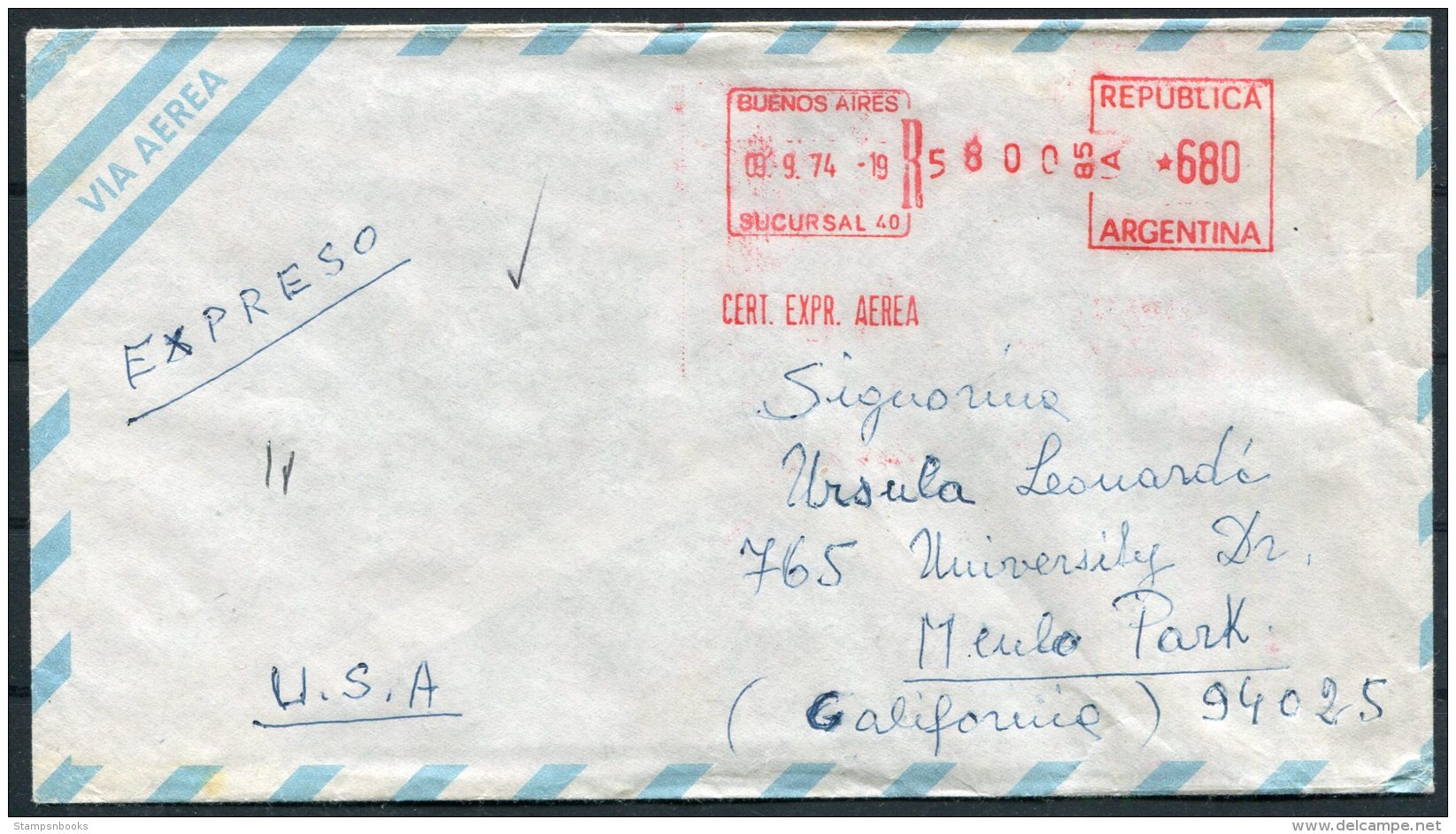 Argentina 1974 Franking Machine Airmail Cover - USA - Covers & Documents