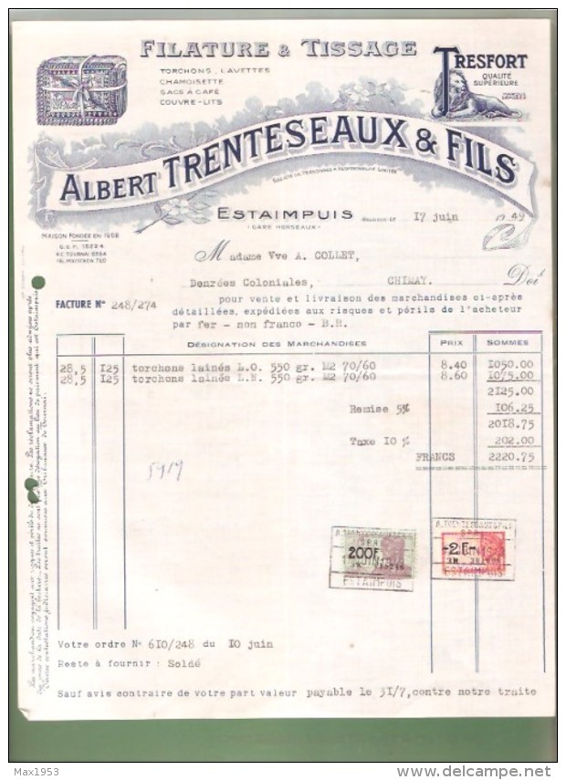 Facture- Filature & Tissage Albert TRENTESEAUX & FILS - Estaimpuis - 1949 - Drogerie & Parfümerie