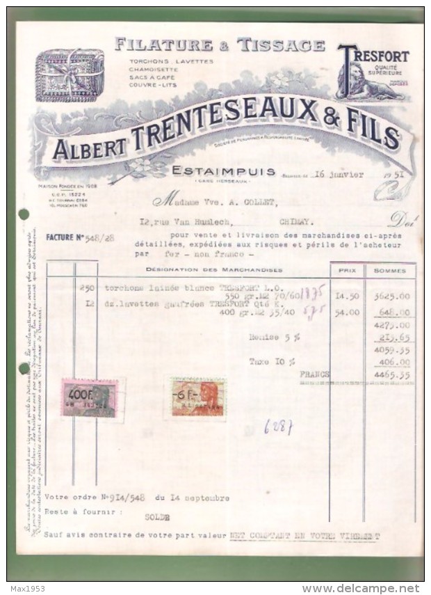 Facture- Filature & Tissage Albert TRENTESEAUX & FILS - Estaimpuis - 1951 - Droguerie & Parfumerie