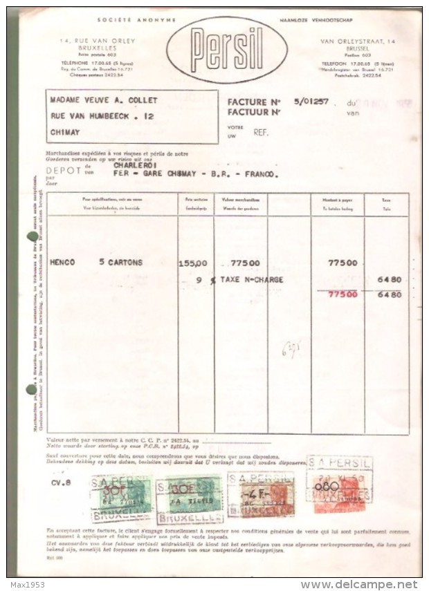 Facture- SA PERSIL NV- Bruxelles - 1950 - Savon - Perfumería & Droguería
