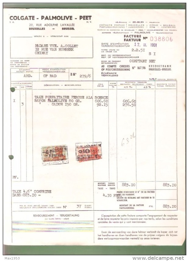 Facture- SA Colgate-Palmolive- Peet NV- Bruxelles  - 1951 - Savon - Droguerie & Parfumerie