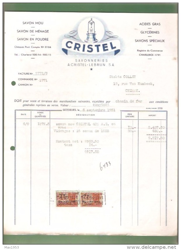 Facture- Savonneries A. CRISTEL-LEBRUN S.A.- Bruxelles  - 1951 (1) - Savon - Droguerie & Parfumerie