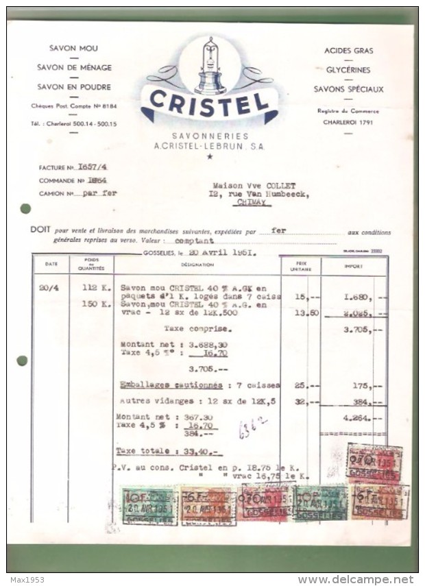 Facture- Savonneries A. CRISTEL-LEBRUN S.A.- Gosselies  - 1949 - Savon - Drogisterij & Parfum