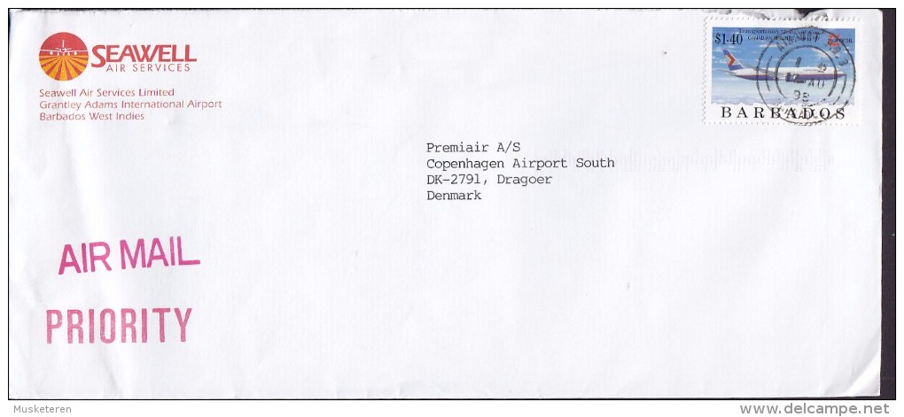 Barbados PRIORITY Air Mail SEAWELL AIR SERVICES, AIRPORT P. O. 3. 1998 Cover Brief $1.40 Canadian Airlines Boing 767 - Barbados (1966-...)