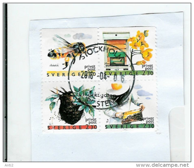 Sweden 1990 Beekeeping - Bloc Of Four, Privat Post Used On Paper - Gebraucht