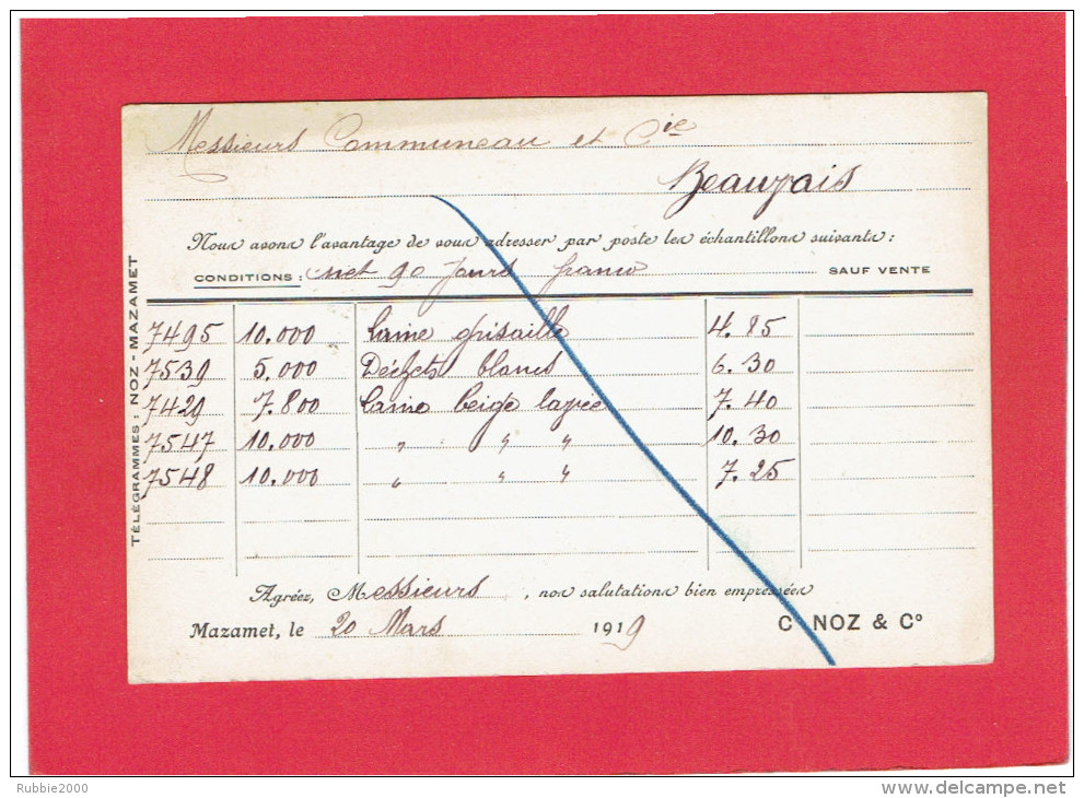 MAZAMET 1919 MAISON NOZ LAINES A COMMUNEAU A BEAUVAIS OISE CARTE EN BON ETAT - Mazamet