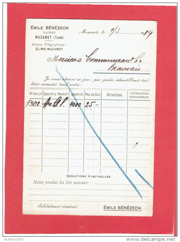 MAZAMET 1919 MAISON EMILE BENEZECH LAINES A COMMUNEAU A BEAUVAIS OISE CARTE EN BON ETAT - Mazamet