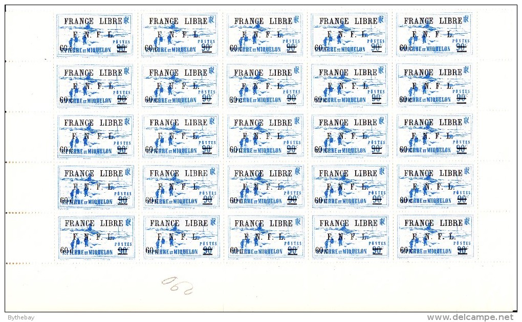 St Pierre Et Miquelon MNH Scott #251 Partial Sheet Of 25 60c On 90c Tortue Lighthouse FRANCE LIBRE F.N.F.L. Overprint - Blocs-feuillets