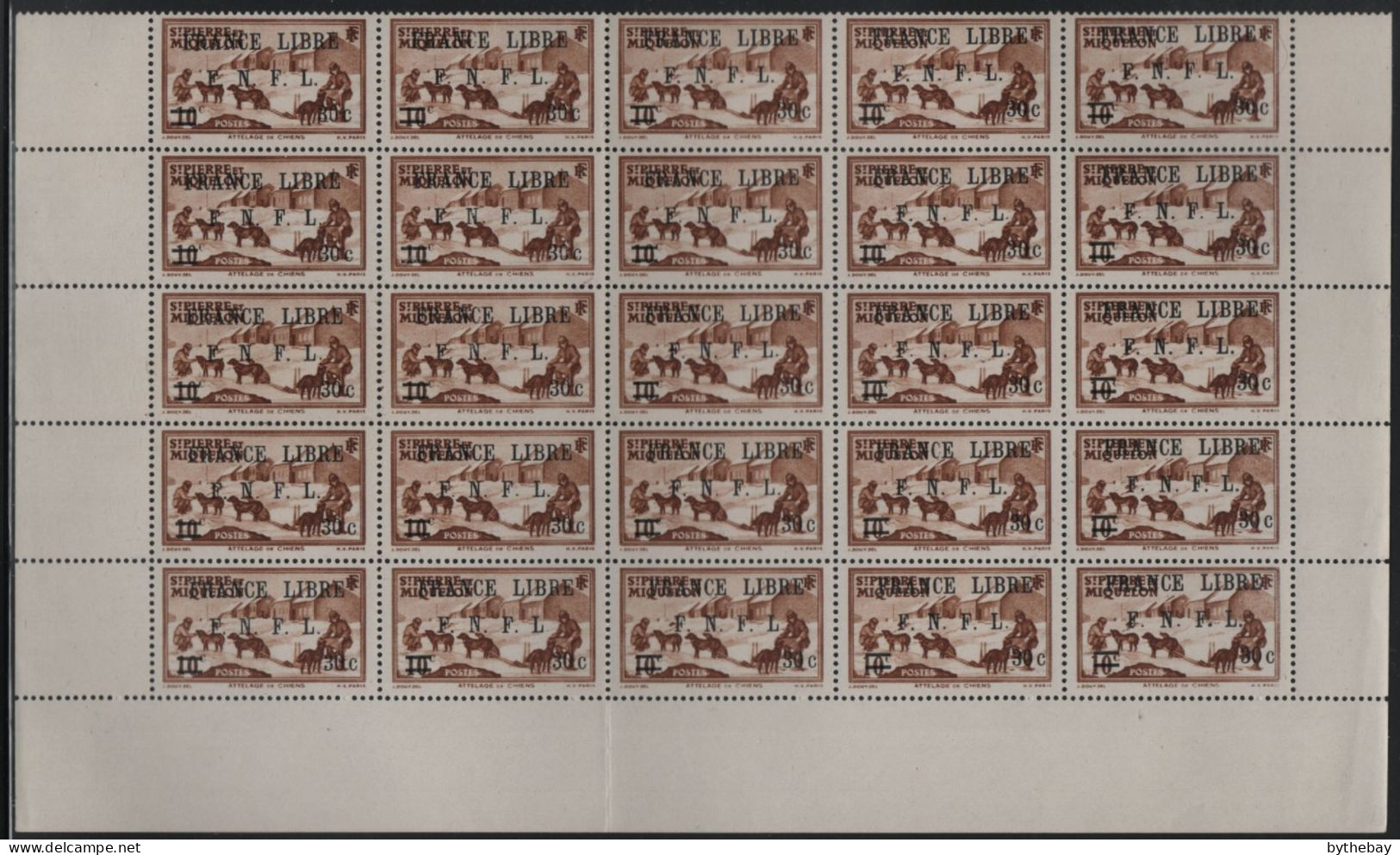 St Pierre Et Miquelon 1942 MNH Sc 250 Partial Sheet Of 25 30c On 10c Dogsled Team FRANCE LIBRE F.N.F.L. Overprint - Blocs-feuillets