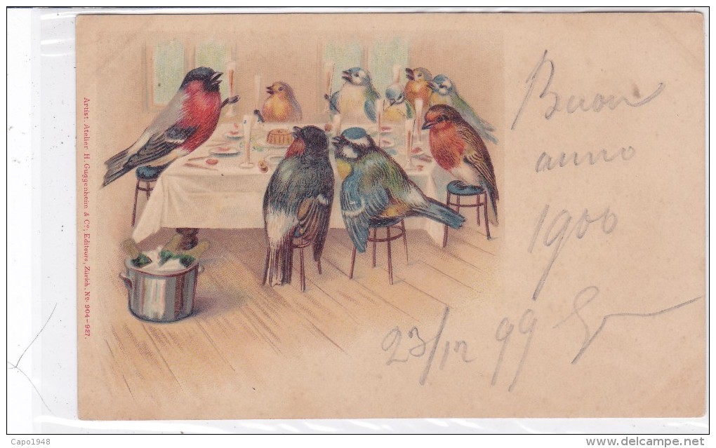 CARD  UCCELLI PROSIT BRINDISI DI FINE ANNO1899 E NUOVO SECOLO 1900 PETTIROSSO CARDELLINO PASSERI  FP-VDB-2 -0882-25267 - Oiseaux