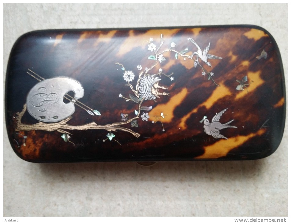 Etui XIXe à Décor De Palette Et D'oiseaux Branchés Nacre, Or, Argent 17 Cm - Etuis à Cigarettes Vides