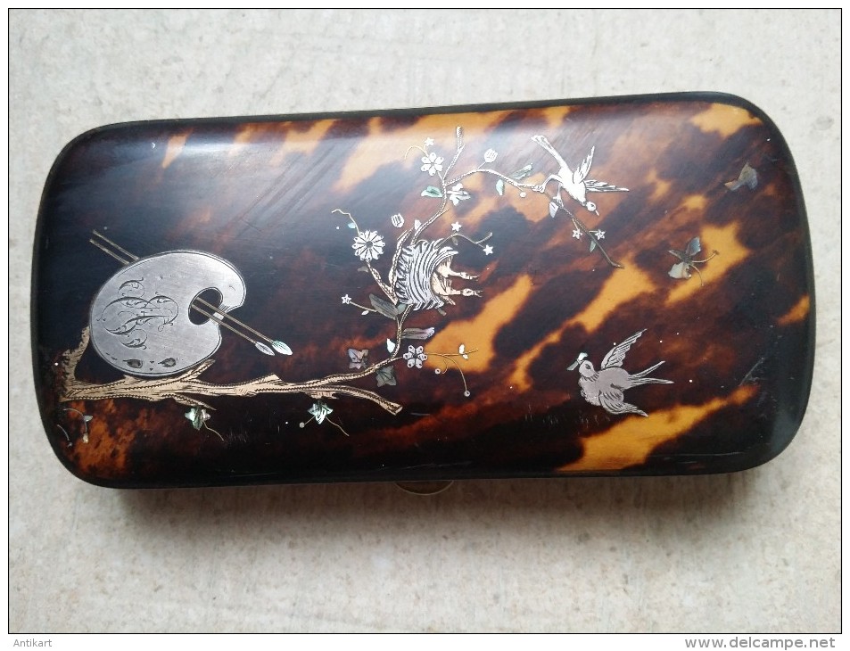 Etui XIXe à décor de palette et d'oiseaux branchés Nacre, Or, Argent 17 cm