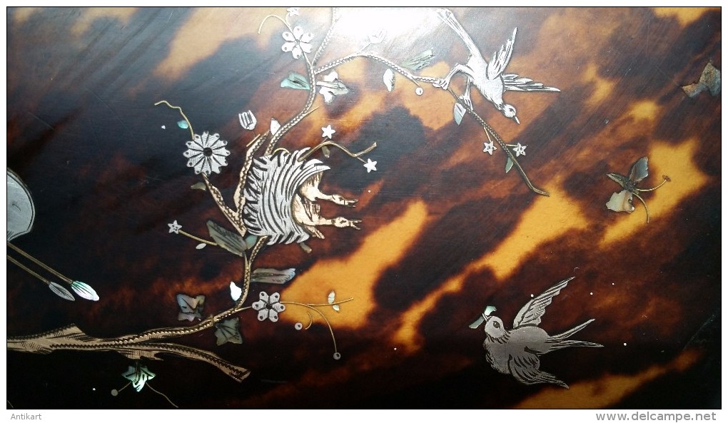 Etui XIXe à décor de palette et d'oiseaux branchés Nacre, Or, Argent 17 cm