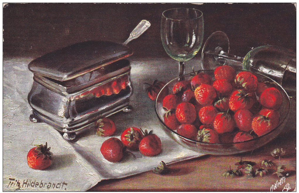 TUCK #596B; Still Life, Bowl Of Strawberries, Wine Glasses, Silver Jelly Dish, PU-1909 - Cani