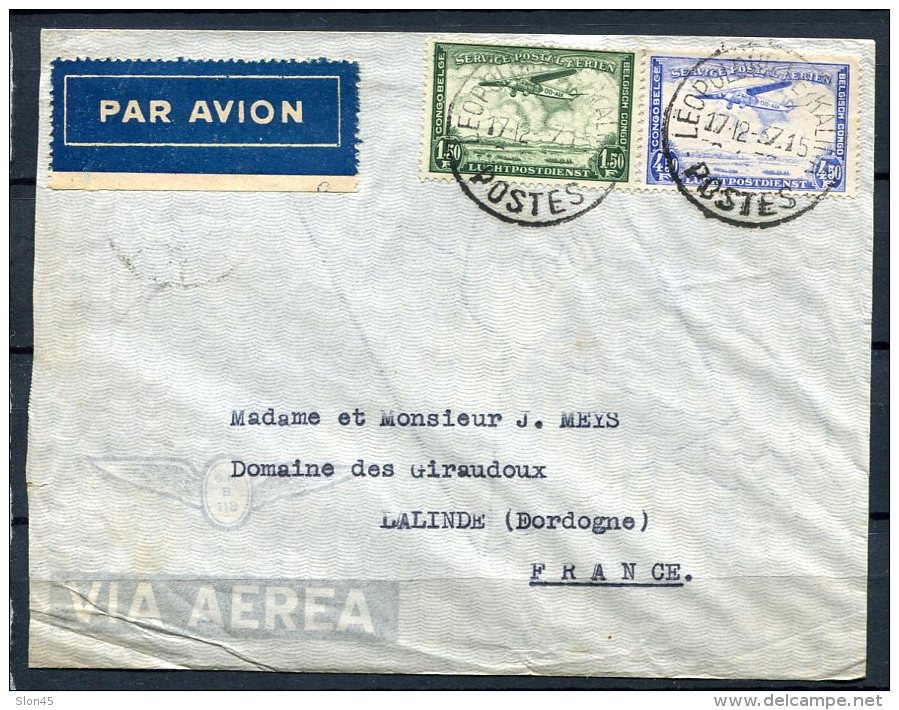 Belgian Congo 1937 - Air Mail Cover Leopoldville To Lalinde France - Covers & Documents