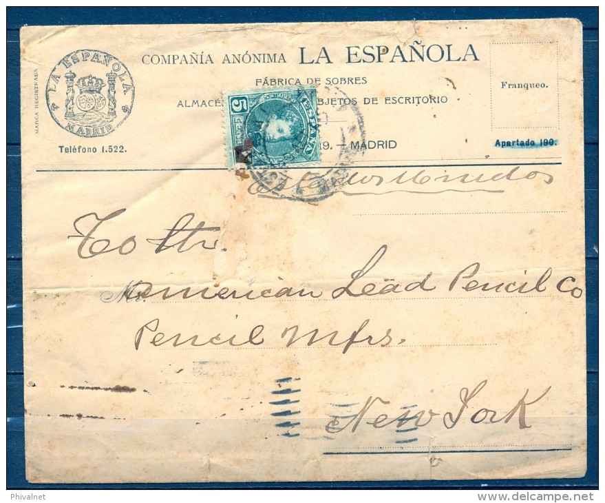1905 , MADRID , SOBRE CIRCULADO A NEW YORK , MAT. ESTAFETA DEL NORTE , LLEGADA AL DORSO - Cartas & Documentos