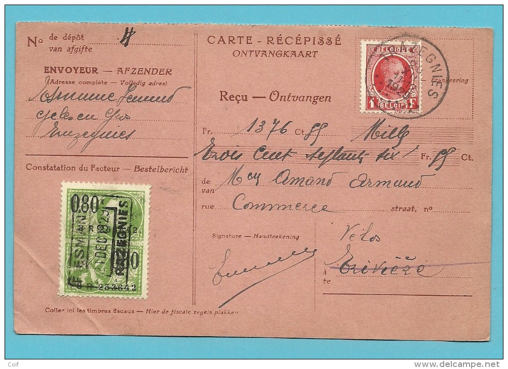 256 Op Ontvangkaart (Carte-recepisse) Met Stempel TRAZEGNIES - 1922-1927 Houyoux