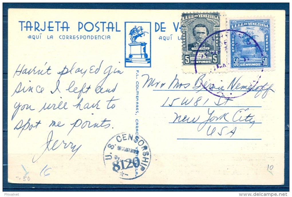 1944 , TARJETA POSTAL CIRCULADA A NUEVA YORK , HACIENDA DE COCOS EN PUERTO CABELLO , CENSURA - Venezuela