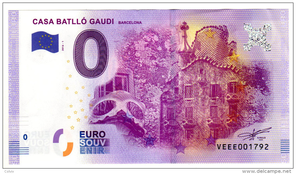 2016-1 BILLET TOURISTIQUE ESPAGNE 0 EURO SOUVENIR N° VEEE001792 CASA BATLLO GAUDI - Privatentwürfe