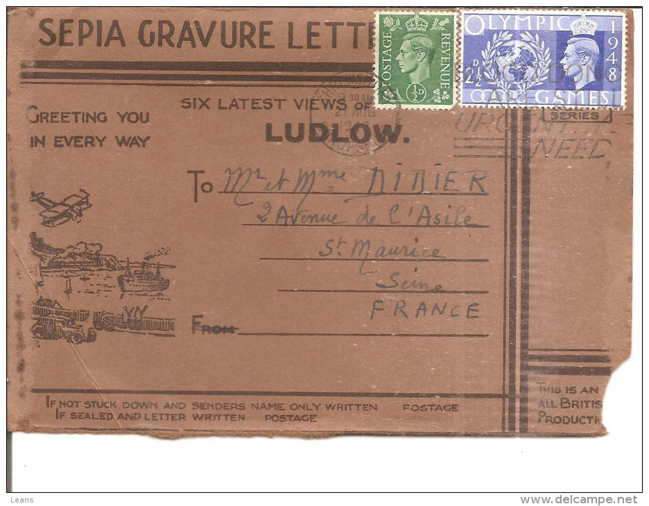 1/2 Enveloppe Pour Cartes Postales De LUDLOW  2 1/2 D   OLYMPIC GAMES 1948 - Marcophilie