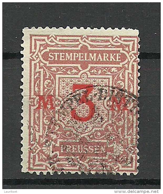 Germany Preussen Revenue Tax Steuermarke Stempelmarke 3 MK O - Altri & Non Classificati