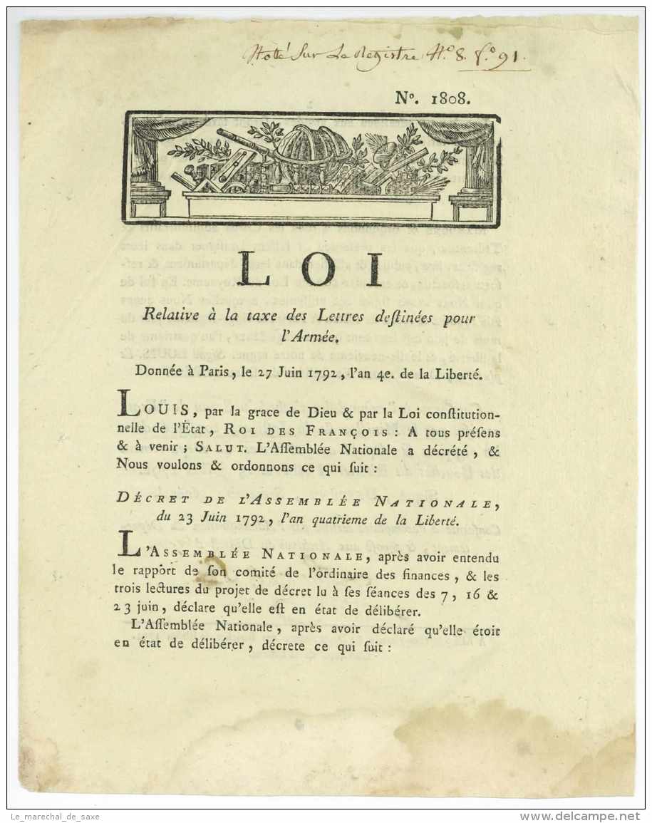 HiSTOIRE POSTALE - La Poste Aux Armees - Loi - Revolution - 1792 Lieutaud Aix - Marques D'armée (avant 1900)