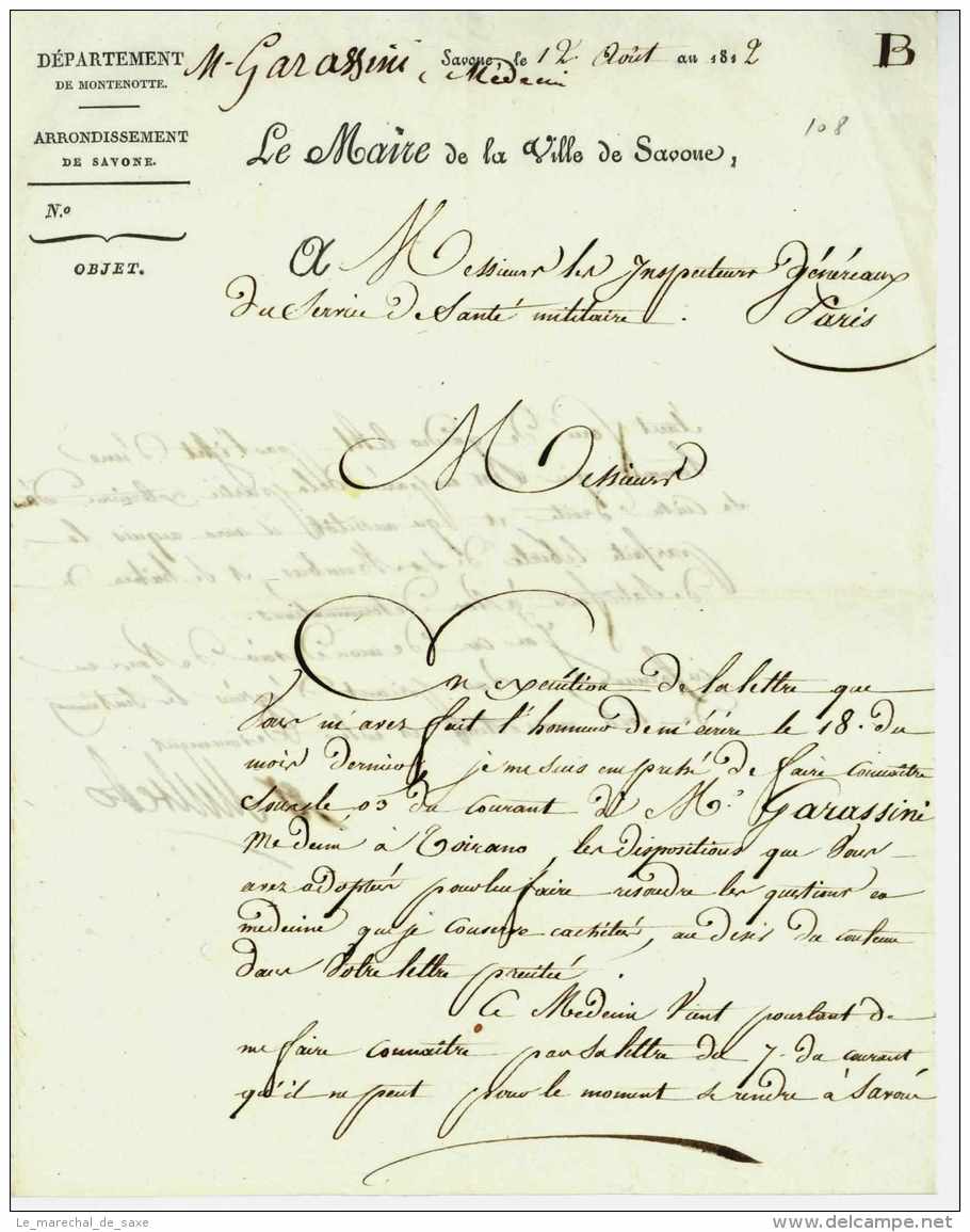 Departement Conquis De MONTENOTTE - Savona 1812 Pour Paris - Sans Adresse - 1792-1815: Dipartimenti Conquistati
