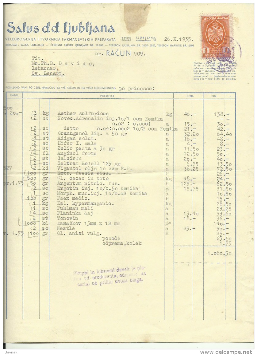 SLOVENIA , LJUBLJANA --  FACTURA, INVOICE  --  SALUS D.d.   --   WITH TAX STAMP, TIMBRE FISCAL  --  1935 - Sonstige & Ohne Zuordnung