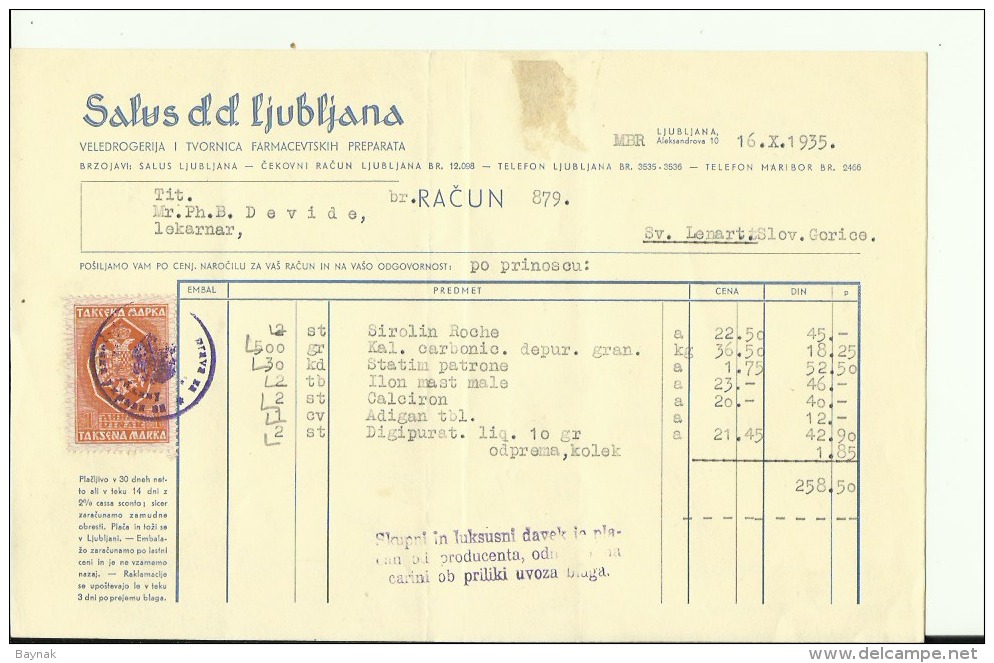 SLOVENIA , LJUBLJANA --  FACTURA, INVOICE  --  SALUS D.d.   --   WITH TAX STAMP, TIMBRE FISCAL  --  1935 - Sonstige & Ohne Zuordnung