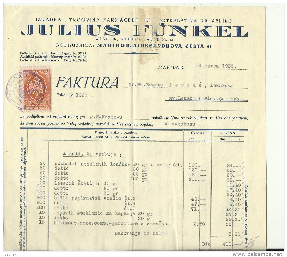 SLOVENIA , MARIBOR --  FACTURA, INVOICE  --  JULIUS FUNKEL.   --   WITH TAX STAMP, TIMBRE FISCAL  --  1935 - Sonstige & Ohne Zuordnung