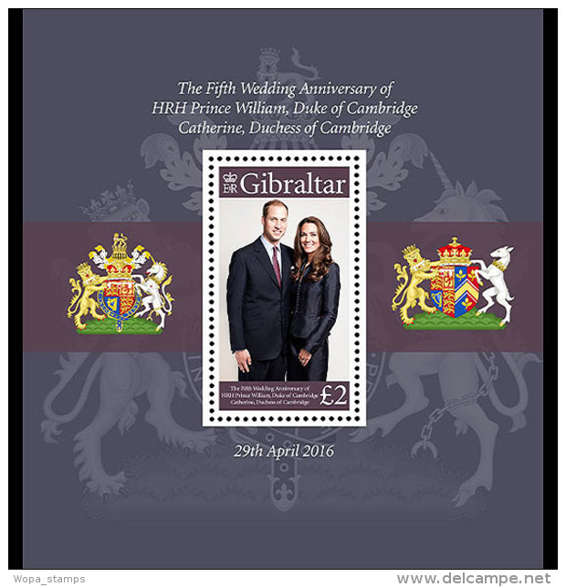 Gibraltar 2016 Miniature Sheet - Fifth Anniversary William And Kate - Gibraltar