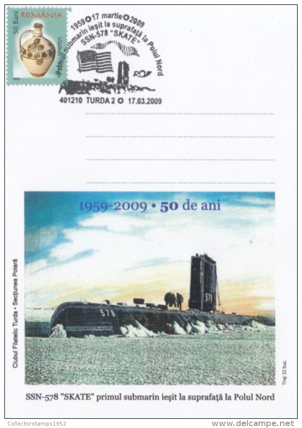 42598- SKATE SUBMARINE ARCTIC EXPEDITION, SPECIAL POSTCARD, 2009, ROMANIA - Expéditions Arctiques