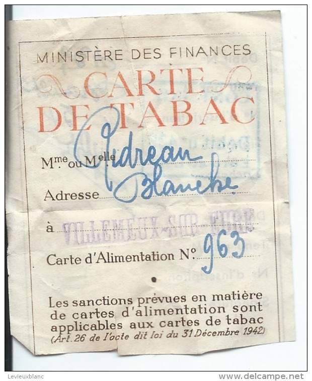 Carte De Tabac/Ministére Des Finances/ Ridreau/Villemeux Sur Eure / Eure & Loir /vers 1942-1946    AEC30 - Other & Unclassified