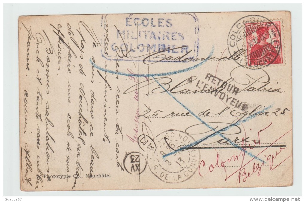 1913 - CP Avec CACHET "ECOLES MILITAIRES COLOMBIER" (NEUCHATEL) -> REEXPEDIEE - Covers & Documents