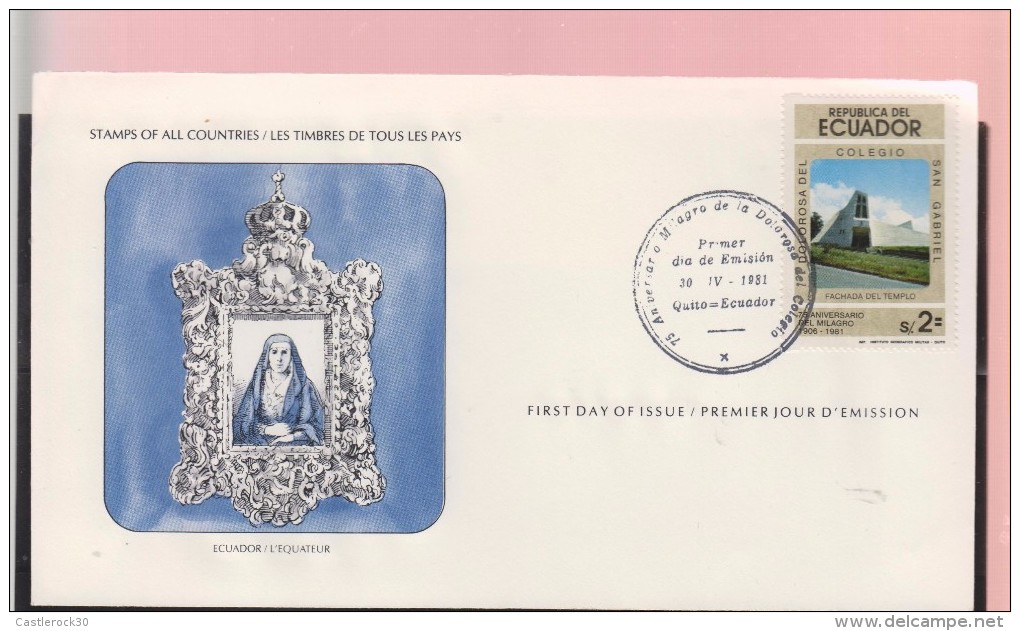 O) 1981 ECUADOR, CHURCH - TEMPLE, ARCHITECTURE, ANNIVERSARY OF THE MIRACLE OF DOLOROSA 1906, FDC XF - Peru