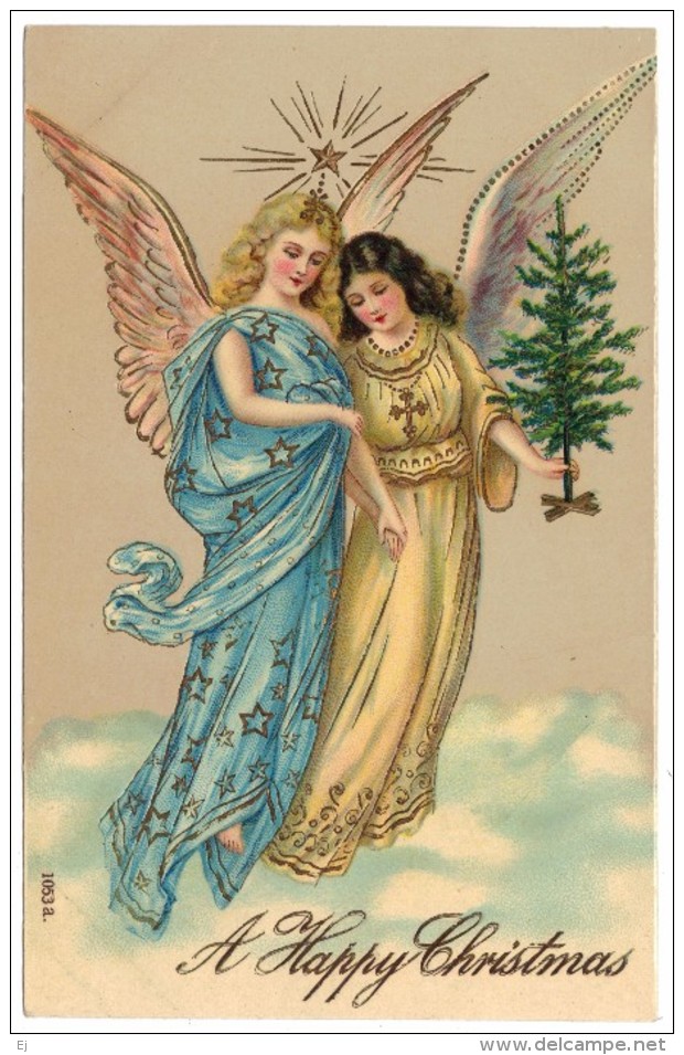 A Merry Christmas - Pair Of Angles, Star, Gilded - Giesen Bros - Unused C1909 - Angels