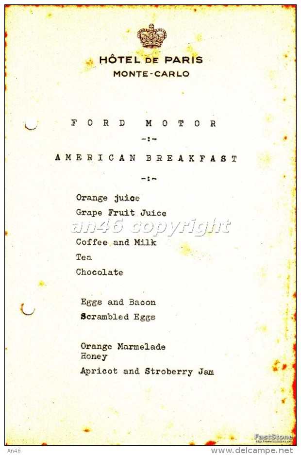 MENU´HOTEL DE PARIS-MONTE-CARLO-FORD MOTOR-AMERICAN BREAKFAST-OTTIMA CONSERVAZIONE- - Menus