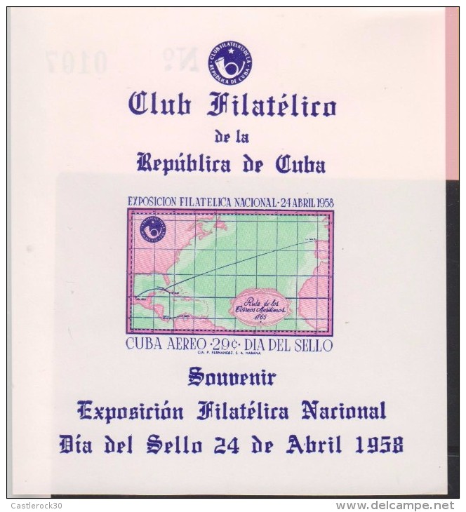 O) 1958 CUBA-CARIBE, NATIONAL EXPOSURE FILATELICA - POST ROUTE MARITIMOS 1765, SOUVENIR MNH - Ungebraucht