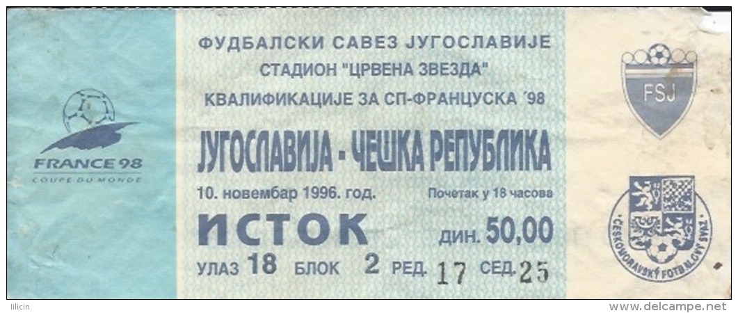 Sport Match Ticket UL000306 - Football (Soccer): Yugoslavia Vs Czech Republic: 1996-11-10 - Tickets D'entrée