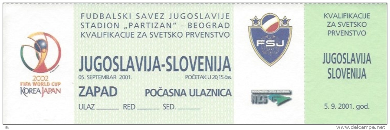 Sport Match Ticket UL000310 - Football (Soccer): Yugoslavia Vs Slovenia: 2001-09-05 - Tickets D'entrée