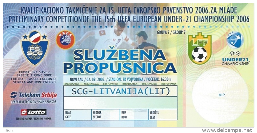 Sport Match Ticket UL000317 - Football (Soccer): Serbia & Montenegro Vs Lithuania: 2005-09-02 - Match Tickets