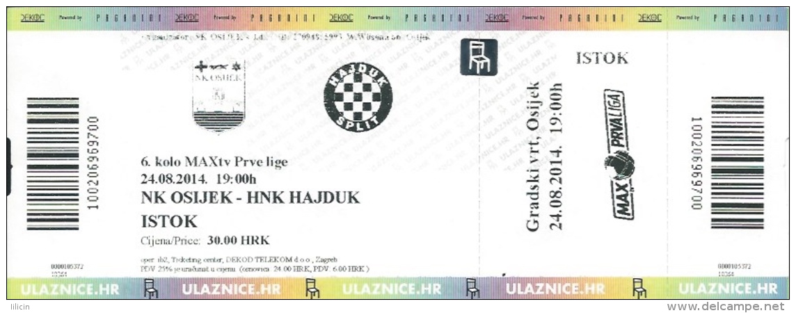 Sport Match Ticket UL000321 - Football (Soccer): Osijek Vs Hajduk: 2014-08-24 - Eintrittskarten