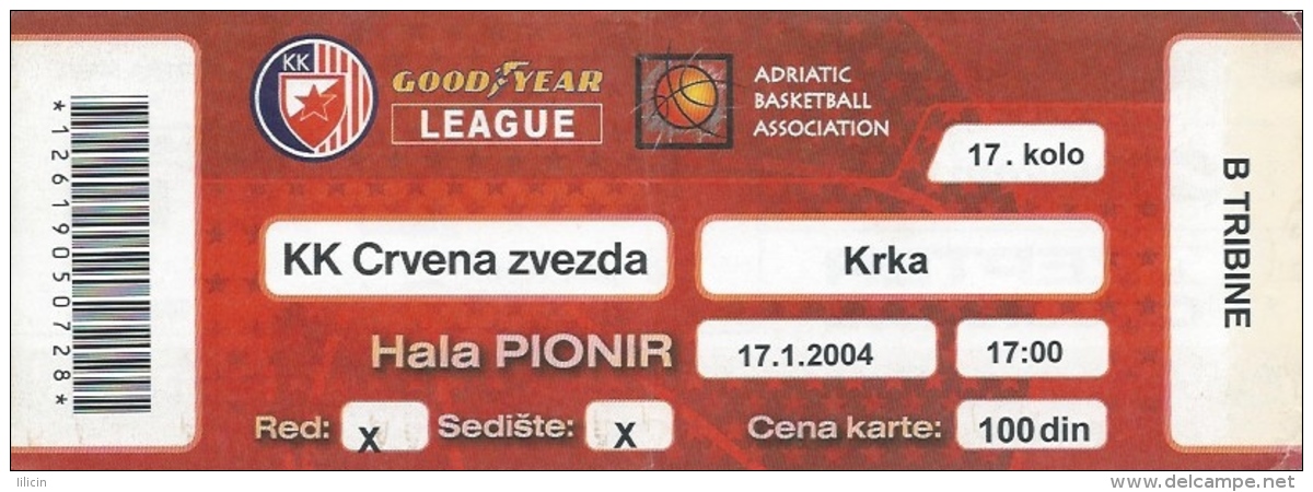 Sport Match Ticket UL000325 - Basketball: Crvena Zvezda (Red Star) Belgrade Vs Krka: 2004-01-17 - Match Tickets