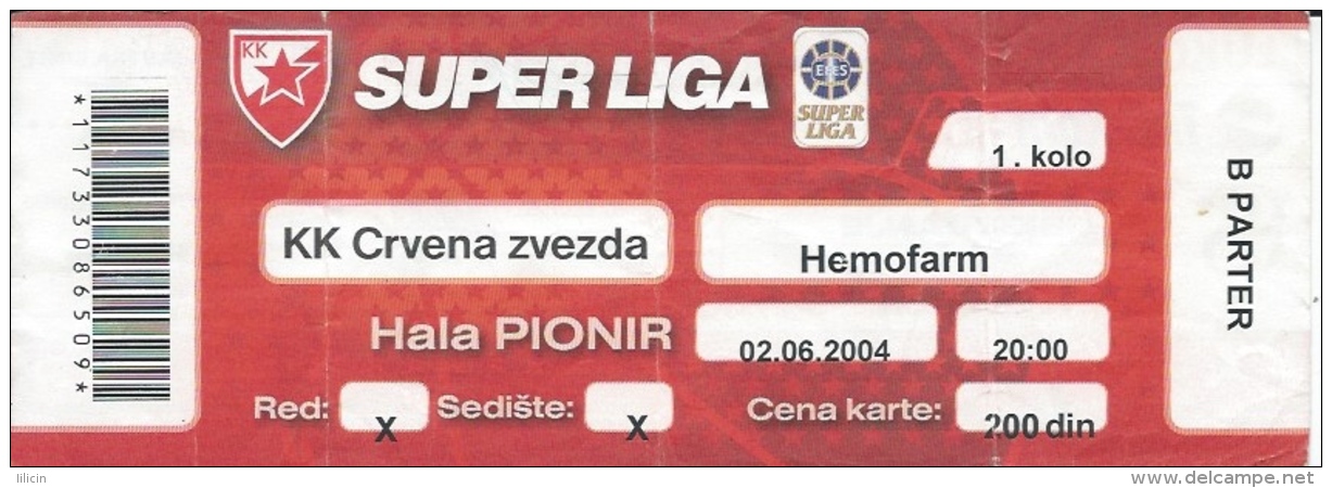 Sport Match Ticket UL000328 - Basketball: Crvena Zvezda (Red Star) Belgrade Vs Hemofarm: 2004-06-02 - Eintrittskarten