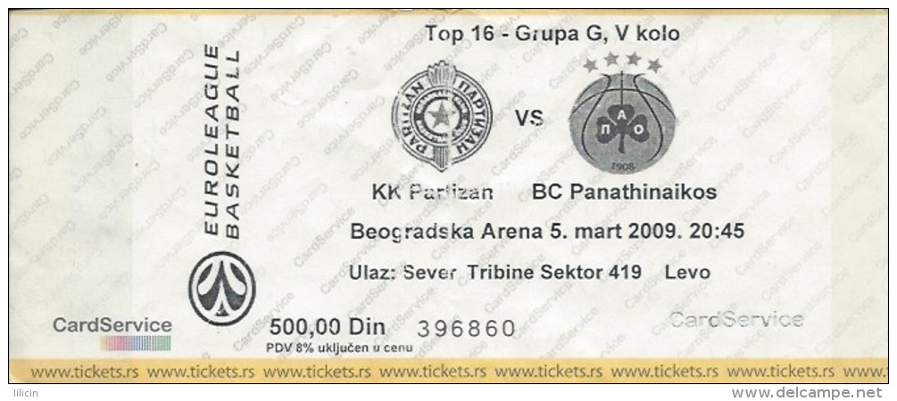 Sport Match Ticket UL000334 - Basketball: Partizan Vs Panathinaikos: 2009-03-05 - Match Tickets