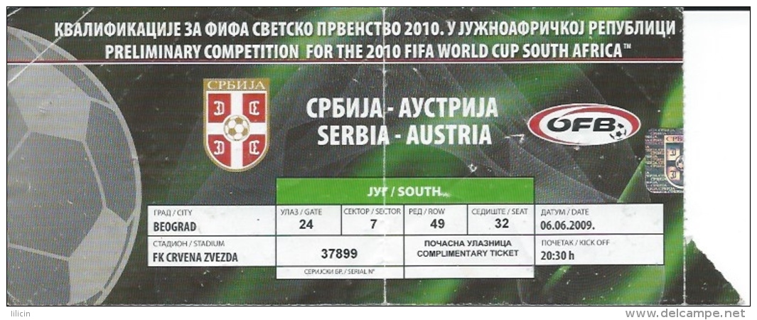 Sport Match Ticket UL000339 - Football (Soccer): Serbia Vs Austria: 2009-06-06 - Eintrittskarten