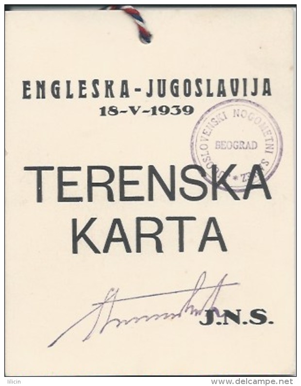 Sport Match Ticket UL000340 - Football (Soccer): Yugoslavia Vs England: 1939-05-18 - Eintrittskarten