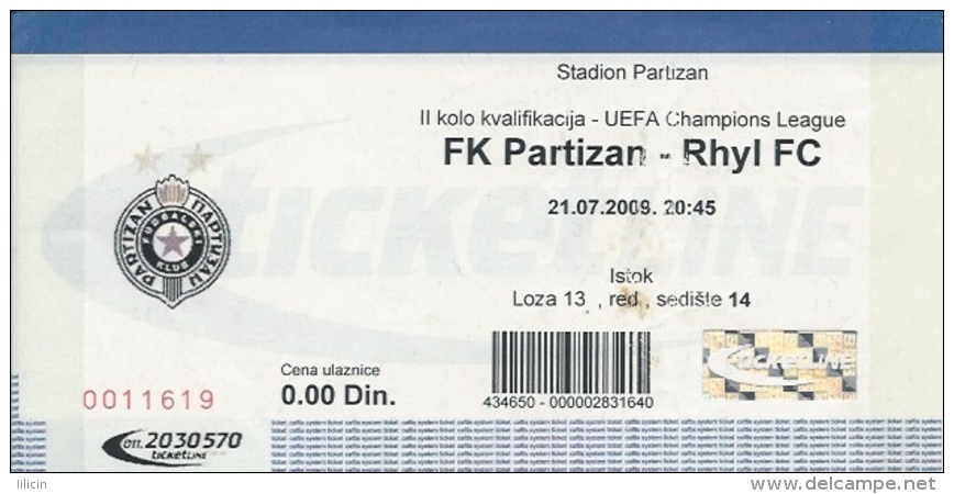 Sport Match Ticket UL000346 - Football (Soccer): Partizan Vs Rhyl: 2009-07-21 - Tickets D'entrée